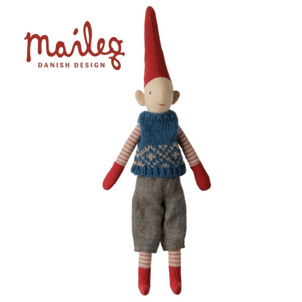 Maileg nissedreng 2026 str 1 har en bl� strikket vest og bukser p�