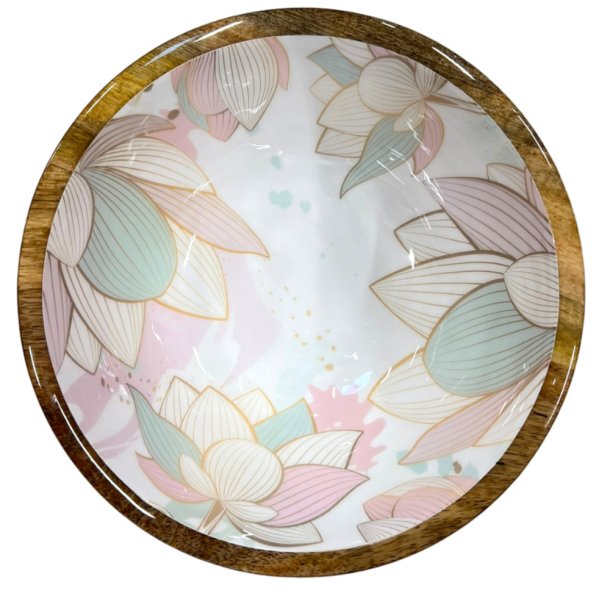 by Room salatsk�l i mangotr� med pink og bl� lotus blomster