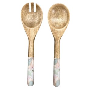 by Room salatbestik i mangotr� med pink og bl� lotus blomster 