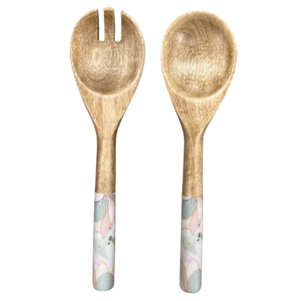 by Room salatbestik i mangotr� med pink og bl� lotus blomster 