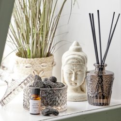 Speedtsberg krukke i bl�t glas med harlekin m�nster og l�g