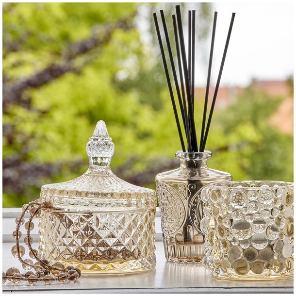 Speedtsberg krukke i gult glas med harlekin mnster og lg 