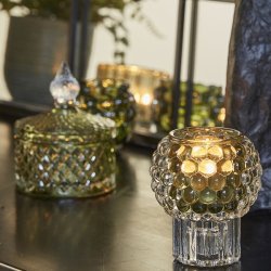 Speedtsberg krukke i gr�n med harlekin m�nster og glasl�g 