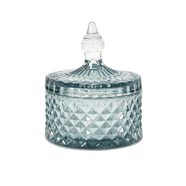 Speedtsberg krukke i bl�t glas med harlekin m�nster og l�g