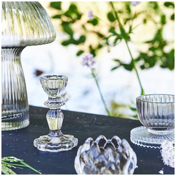 Speedtsberg lysestage og vase i varm gr og klar glas