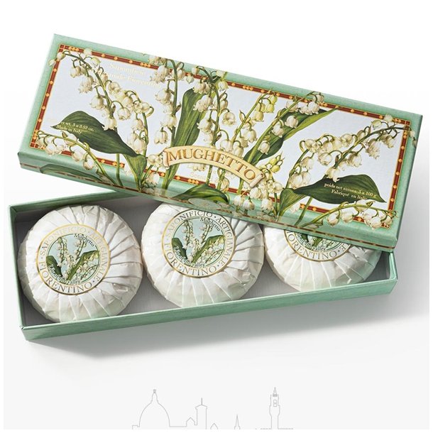 Fiorentino gaveske med 3 stk vegetabilske sber med liljekonval 